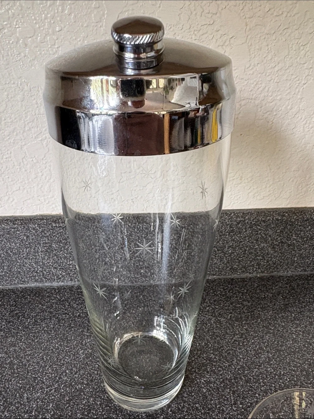 Rare Clear Starburst Glass Cocktail Shaker Set with Matching Glasses